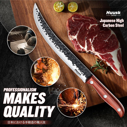 Huusk Carving Knife 11.5" - Japan Hand Forged Breaking Knives with Sheath | High Carbon Steel, Ergonomic Rosewood Grip, Curved Blade, for Brisket Slicing, Gift for Dad