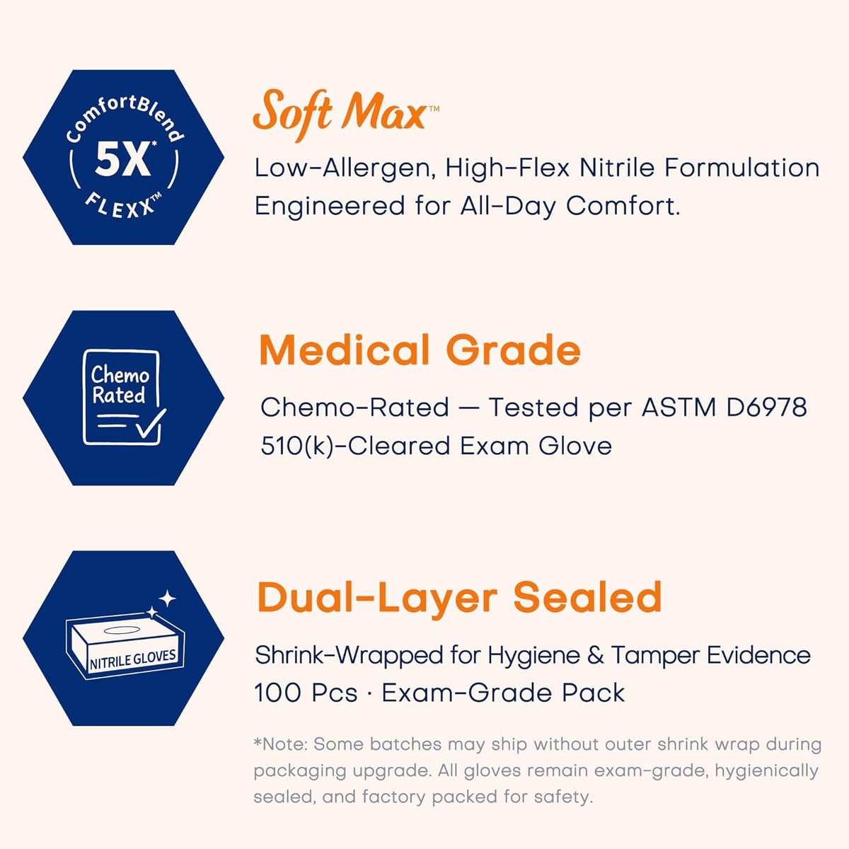 Medical Soft Max Nitrile Exam Gloves Powder-Free Disposable 100 Ct
