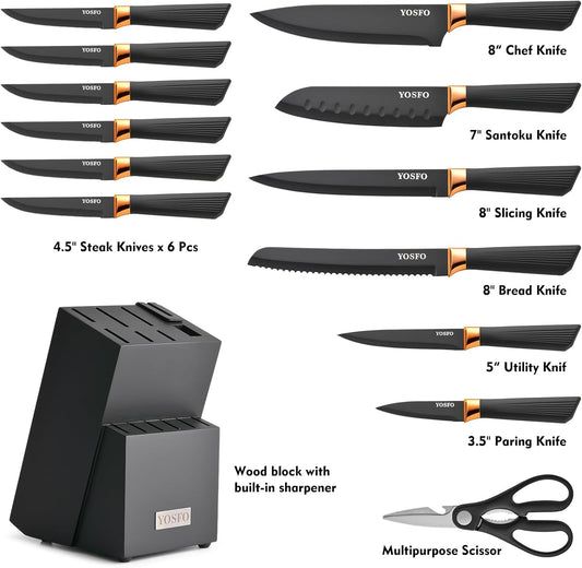 Kitchen Knife Set,15 Pcs Knife Set with Block and Sharpener,High Carbon Stainless Steel Ultra Sharp,Dishwasher Safe
