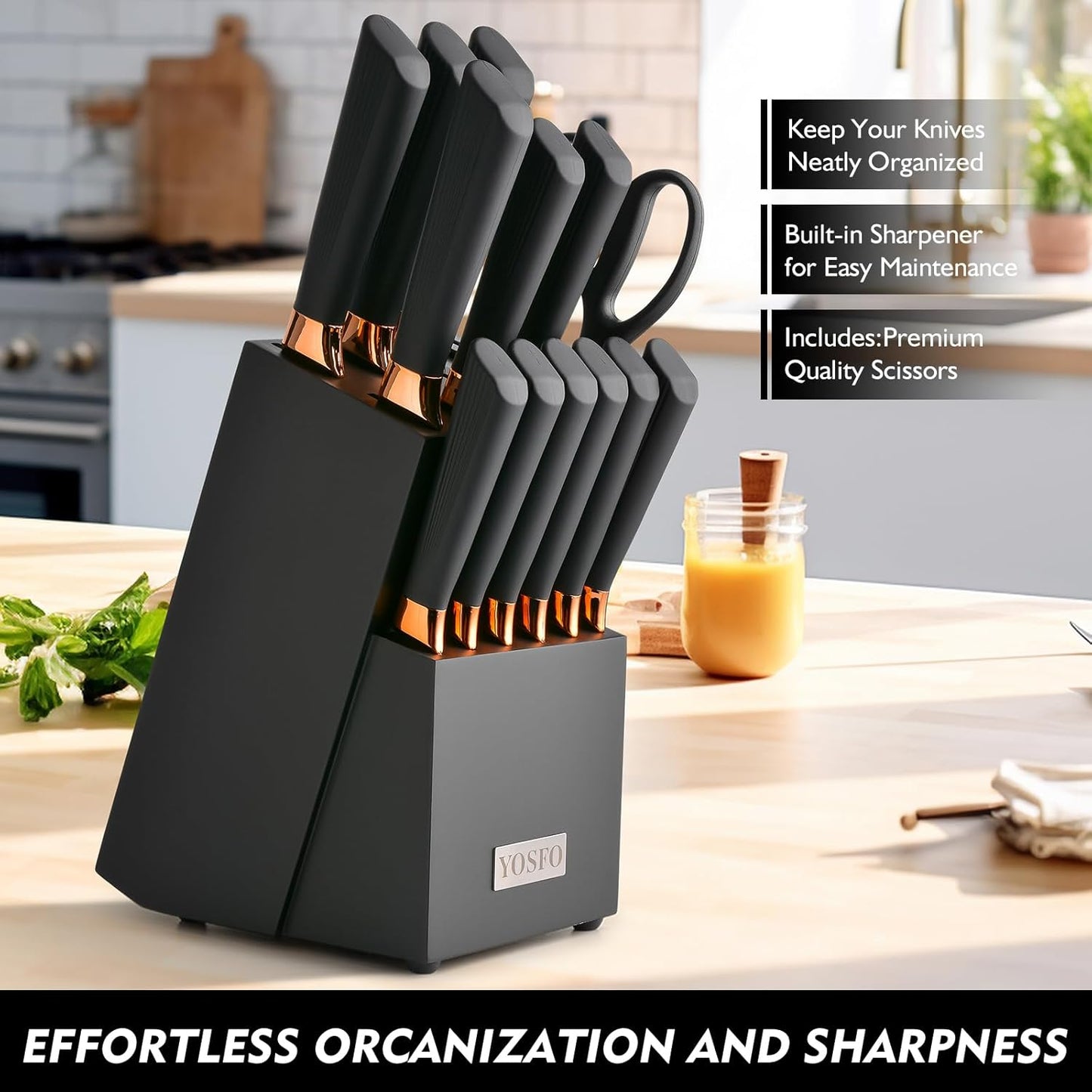 Kitchen Knife Set,15 Pcs Knife Set with Block and Sharpener,High Carbon Stainless Steel Ultra Sharp,Dishwasher Safe