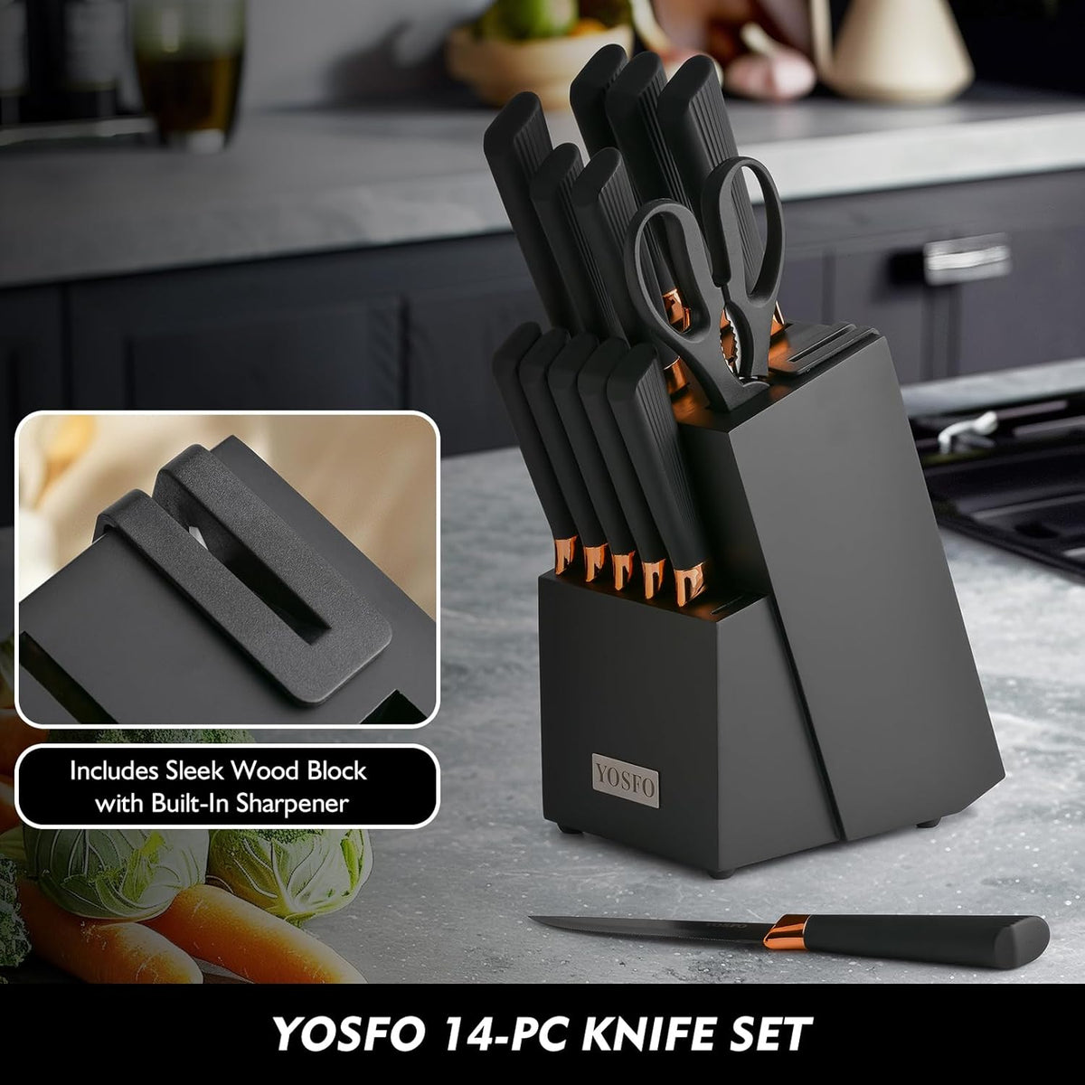 Kitchen Knife Set,15 Pcs Knife Set with Block and Sharpener,High Carbon Stainless Steel Ultra Sharp,Dishwasher Safe