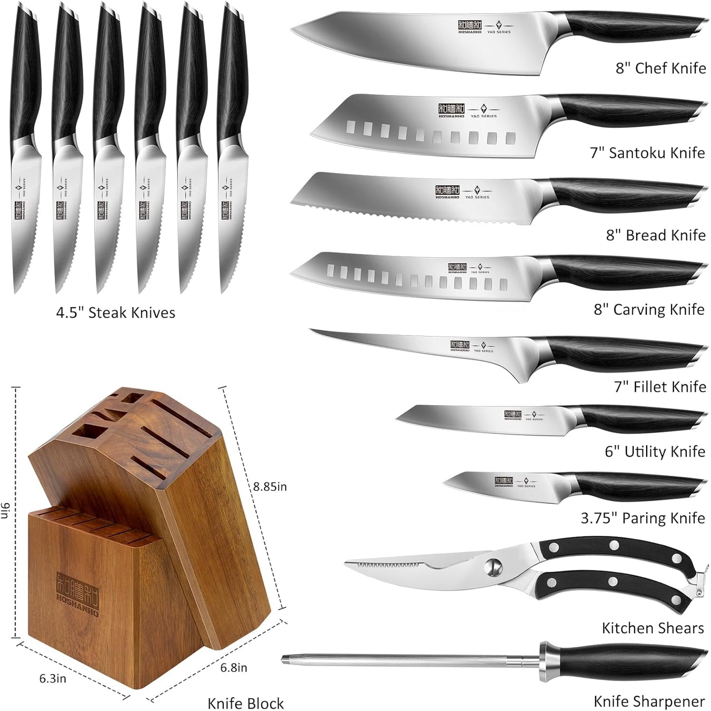 16-Piece Kitchen Knife Set with Block, Ultra Sharp Chef Knife Set | High Carbon Powder Steel Knife Block Set, Professional Knife Set with Sharpener, Ergonomic Pakkawood Handle