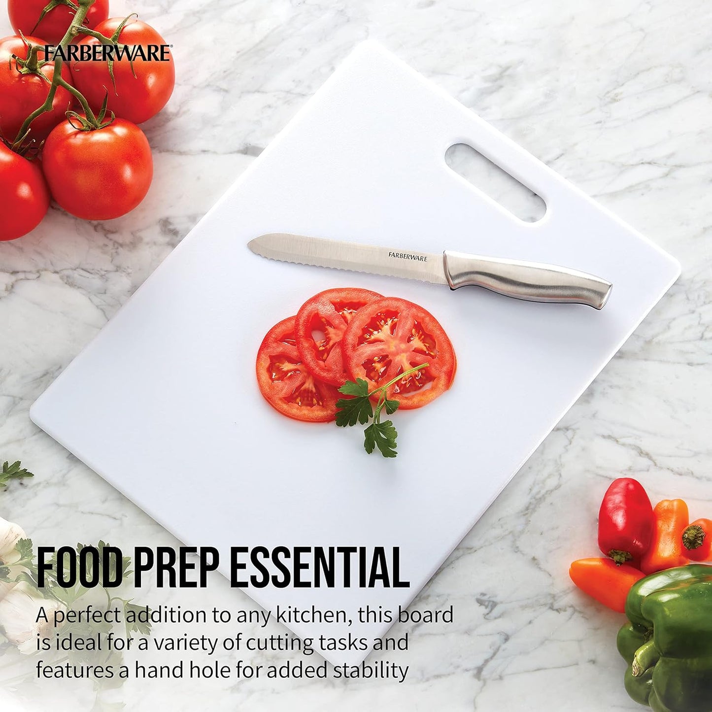 Large Cutting Board, Dishwasher- Safe Plastic Chopping Board for Kitchen with Easy Grip Handle, 11in by 14in, White