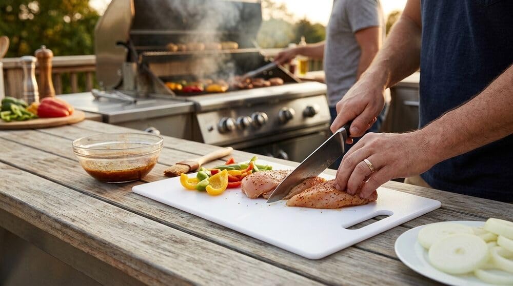 Large Cutting Board, Dishwasher- Safe Plastic Chopping Board for Kitchen with Easy Grip Handle, 11in by 14in, White