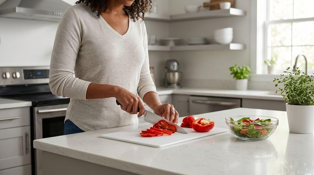 Large Cutting Board, Dishwasher- Safe Plastic Chopping Board for Kitchen with Easy Grip Handle, 11in by 14in, White