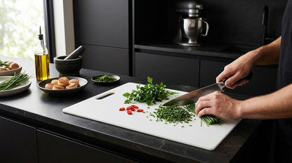 Large Cutting Board, Dishwasher- Safe Plastic Chopping Board for Kitchen with Easy Grip Handle, 11in by 14in, White