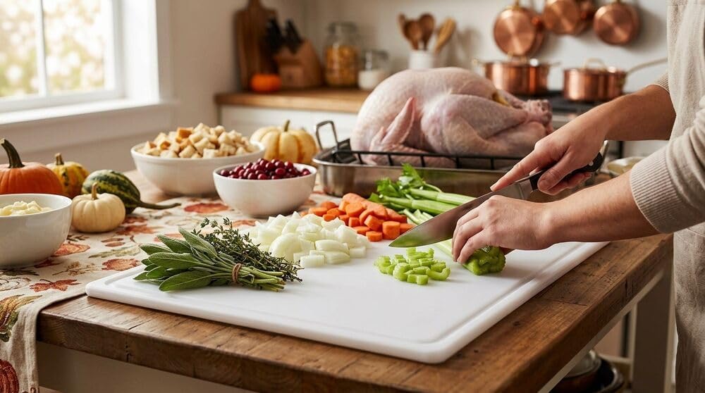 Large Cutting Board, Dishwasher- Safe Plastic Chopping Board for Kitchen with Easy Grip Handle, 11in by 14in, White