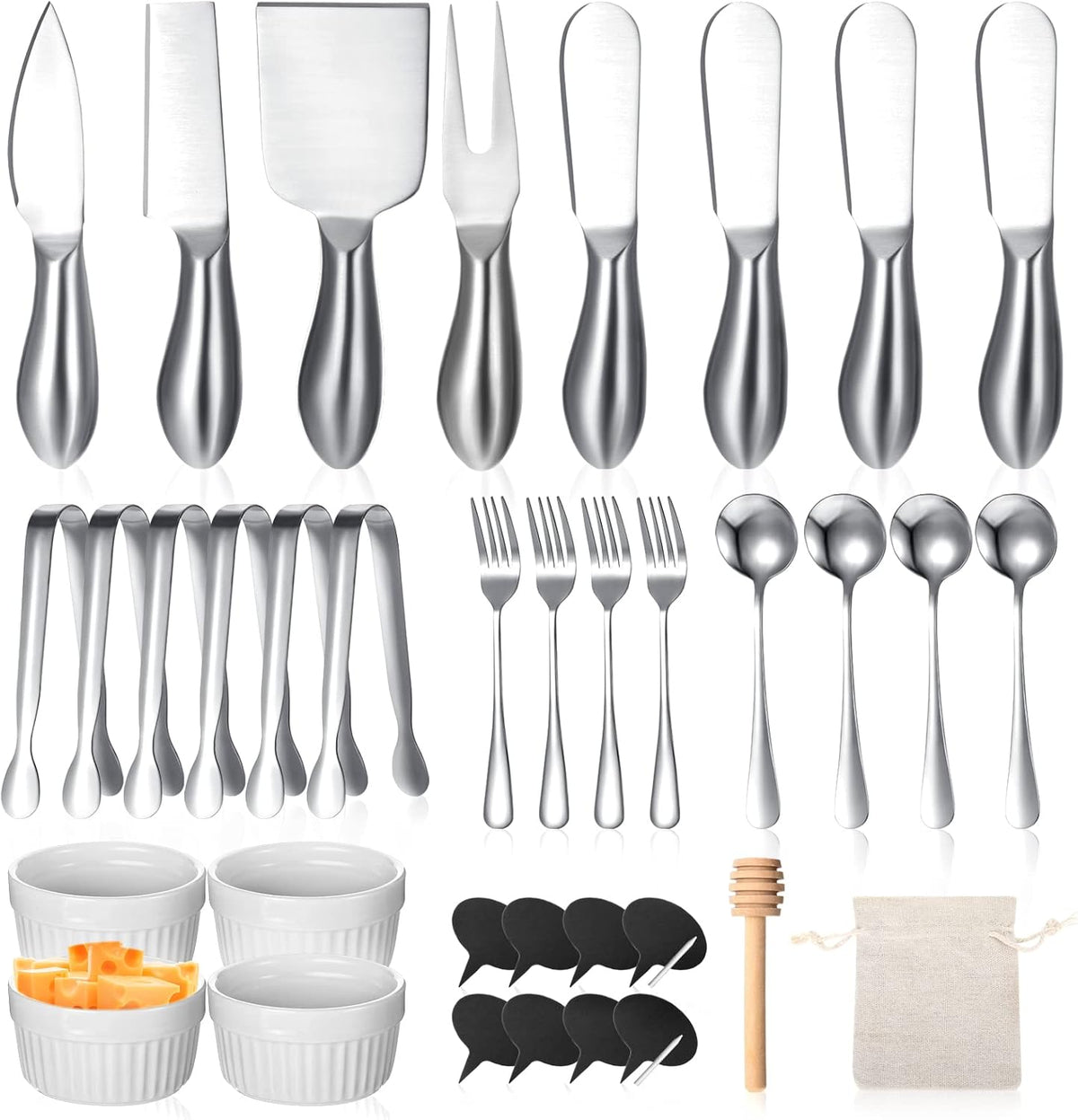 38 Pcs Summer Charcuterie Board Accessories Utensils Include Cheese Knife Set Bowls Cheese Markers Serving Tongs Spoons and Forks Honey Dipper for Butter Cheese and Pastry Making (Silver)