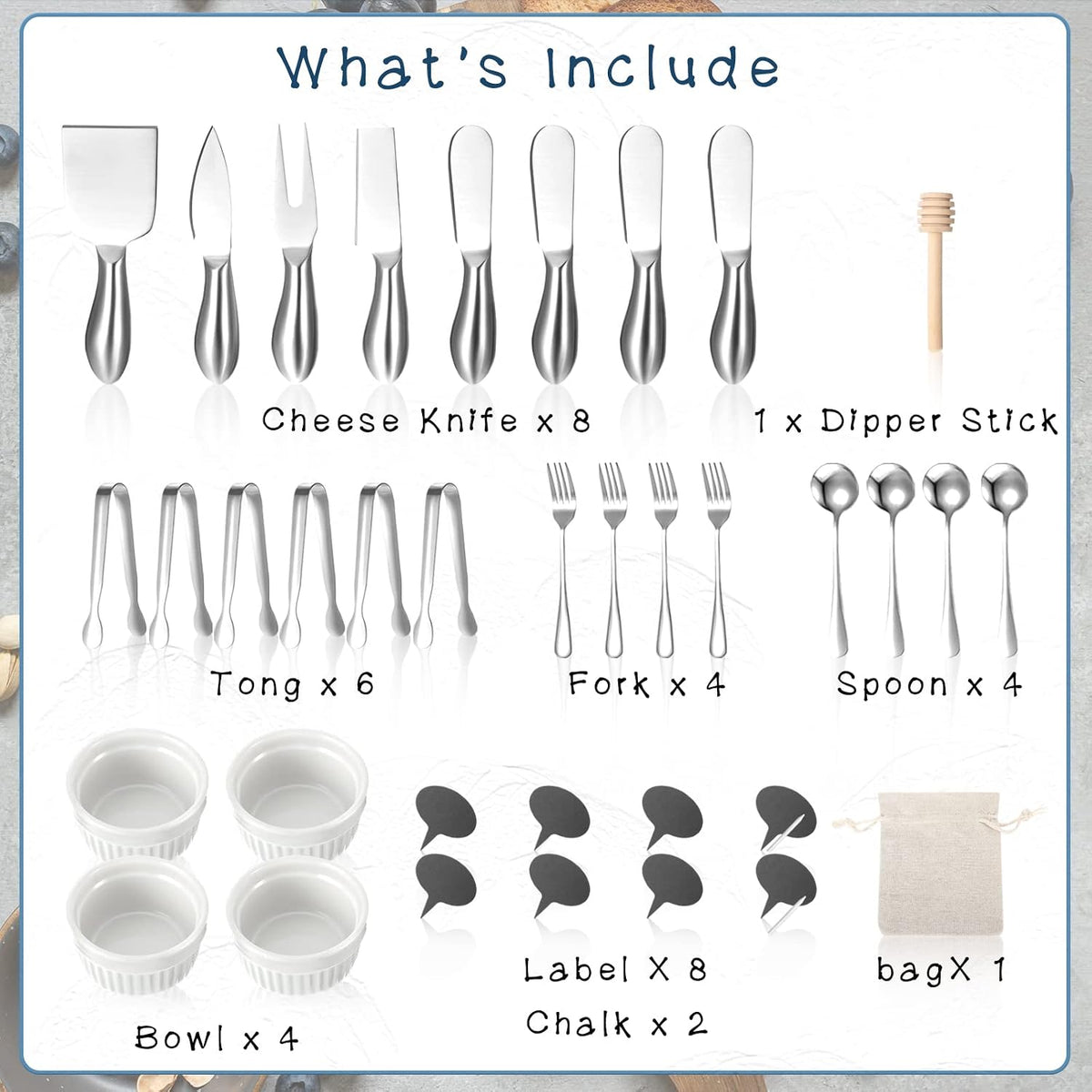 38 Pcs Summer Charcuterie Board Accessories Utensils Include Cheese Knife Set Bowls Cheese Markers Serving Tongs Spoons and Forks Honey Dipper for Butter Cheese and Pastry Making (Silver)