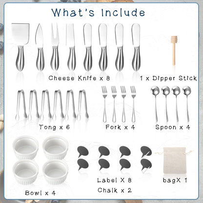 38 Pcs Summer Charcuterie Board Accessories Utensils Include Cheese Knife Set Bowls Cheese Markers Serving Tongs Spoons and Forks Honey Dipper for Butter Cheese and Pastry Making (Silver)