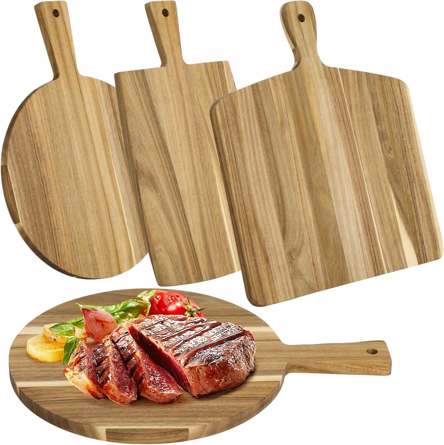 3 Pcs Acacia Wood Cutting Board Set with Easy-Grip Handle, Assorted Sizes Large Kitchen Chopping Boards, Hygienic Wooden Charcuterie Serving Platter for Cheese, Meat, Pizza, Vegetables, Bread