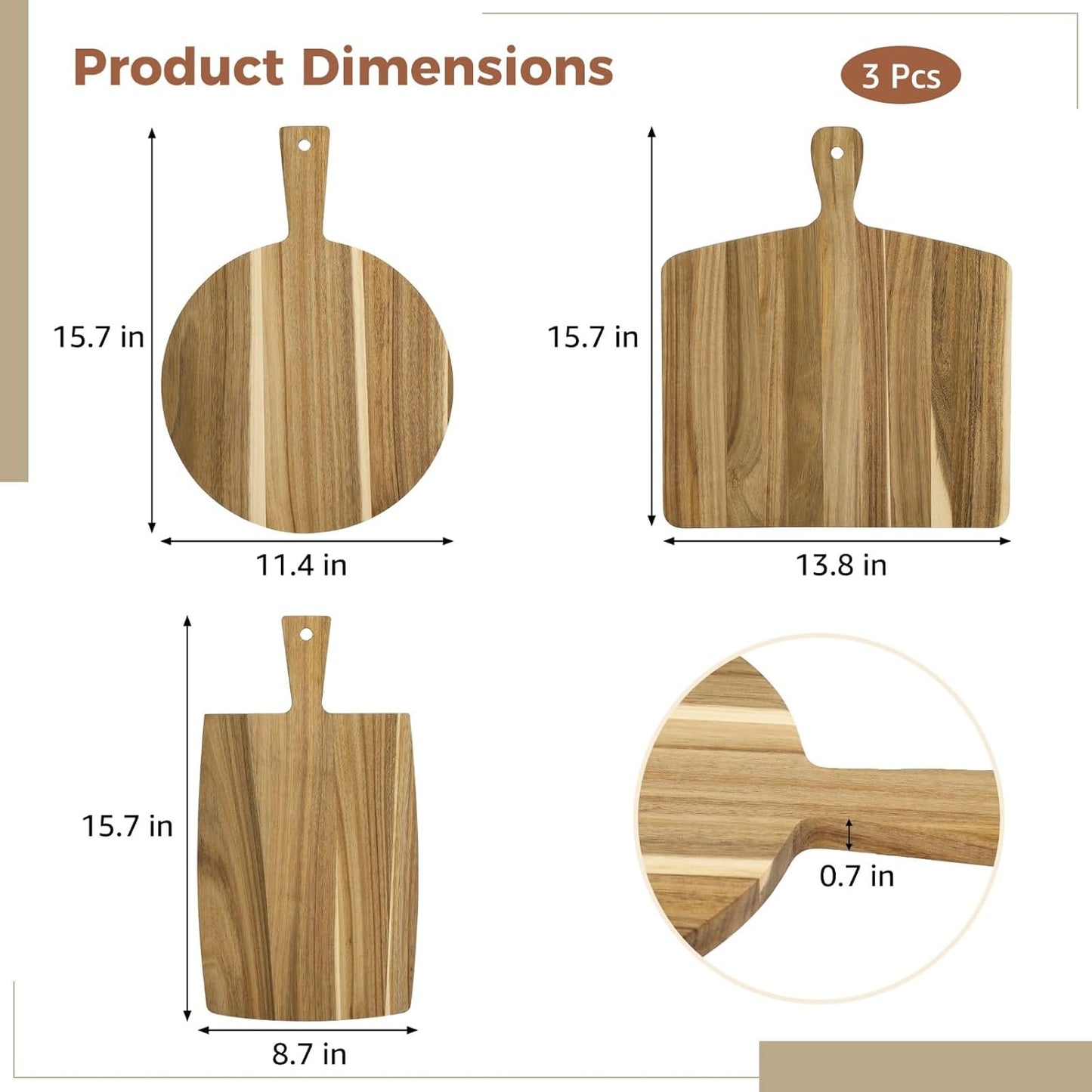 3 Pcs Acacia Wood Cutting Board Set with Easy-Grip Handle, Assorted Sizes Large Kitchen Chopping Boards, Hygienic Wooden Charcuterie Serving Platter for Cheese, Meat, Pizza, Vegetables, Bread