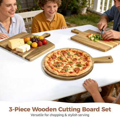 3 Pcs Acacia Wood Cutting Board Set with Easy-Grip Handle, Assorted Sizes Large Kitchen Chopping Boards, Hygienic Wooden Charcuterie Serving Platter for Cheese, Meat, Pizza, Vegetables, Bread
