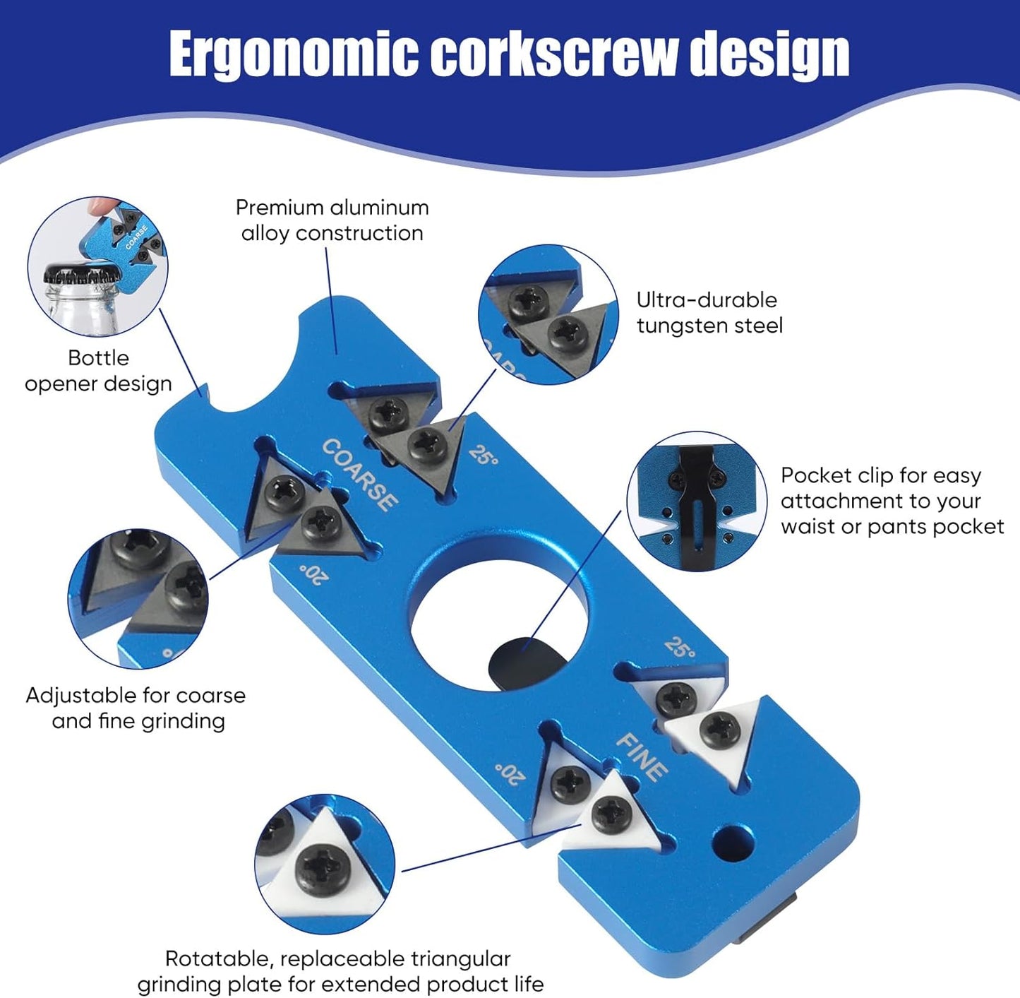 6-in-1 Pocket Knife Sharpener & Bottle Opener Adjustable Angles Multi-Function with Belt Clip portable Portable Pocket Knife Sharpener