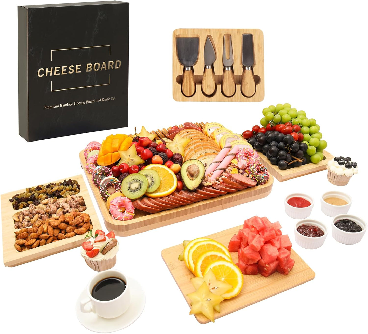 Charcuterie Board Cheese Serving Tray Set, Housewarming Gift for New Home | Bamboo Cheese Board with Stainless Steel Knives and Bowls, Gift for Wedding Couple, Bridal Shower