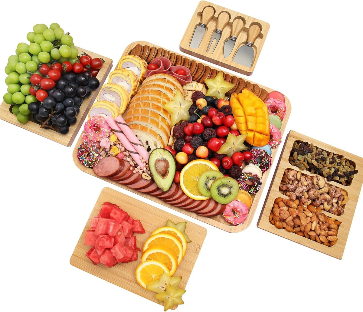 Charcuterie Board Cheese Serving Tray Set, Housewarming Gift for New Home | Bamboo Cheese Board with Stainless Steel Knives and Bowls, Gift for Wedding Couple, Bridal Shower