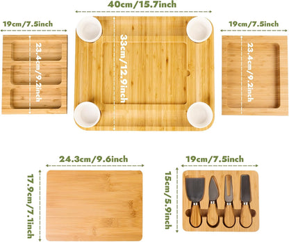 Charcuterie Board Cheese Serving Tray Set, Housewarming Gift for New Home | Bamboo Cheese Board with Stainless Steel Knives and Bowls, Gift for Wedding Couple, Bridal Shower