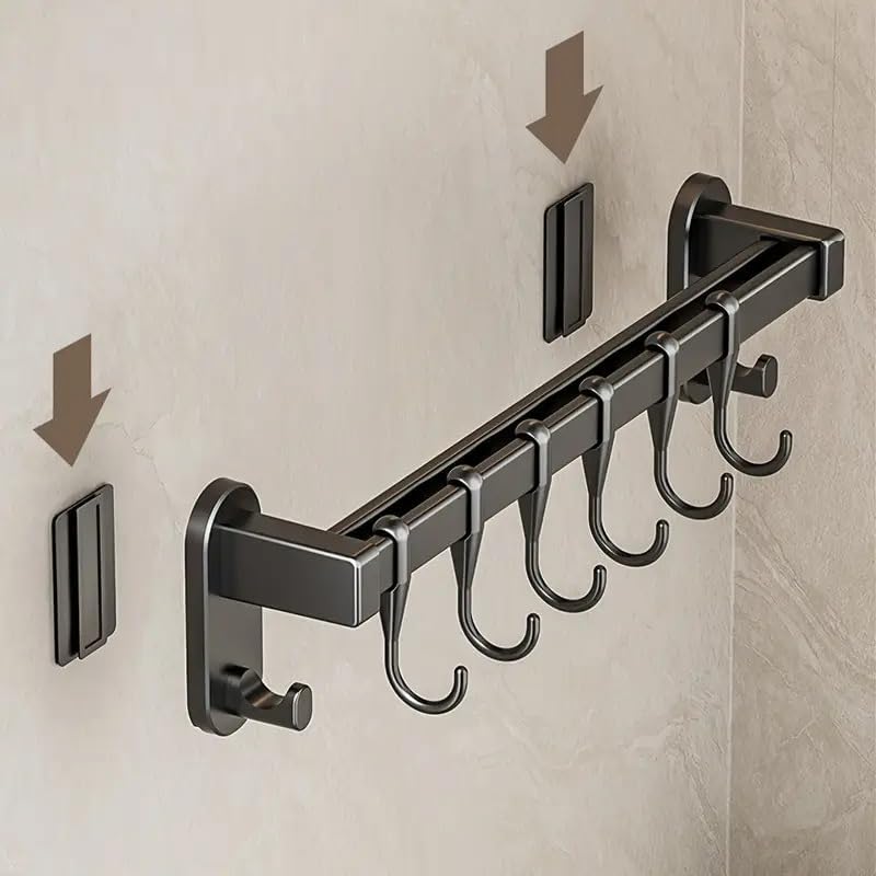 AmoiChic Adhesive Wall Mounted Pot Pan Rack, Kitchen Wall Mounted Detachable Pan Lid Utensils Organizer Hanging Rail with 8 Hooks for Kitchen Bathroom Bedroom,17.7''
