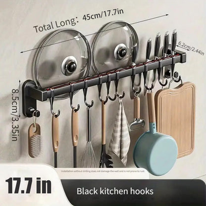 AmoiChic Adhesive Wall Mounted Pot Pan Rack, Kitchen Wall Mounted Detachable Pan Lid Utensils Organizer Hanging Rail with 8 Hooks for Kitchen Bathroom Bedroom,17.7''