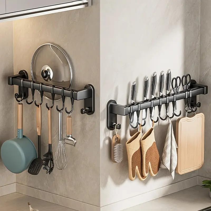 AmoiChic Adhesive Wall Mounted Pot Pan Rack, Kitchen Wall Mounted Detachable Pan Lid Utensils Organizer Hanging Rail with 8 Hooks for Kitchen Bathroom Bedroom,17.7''