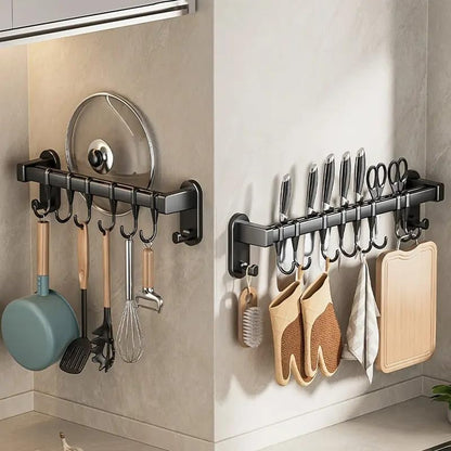 AmoiChic Adhesive Wall Mounted Pot Pan Rack, Kitchen Wall Mounted Detachable Pan Lid Utensils Organizer Hanging Rail with 8 Hooks for Kitchen Bathroom Bedroom,17.7''
