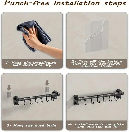 AmoiChic Adhesive Wall Mounted Pot Pan Rack, Kitchen Wall Mounted Detachable Pan Lid Utensils Organizer Hanging Rail with 8 Hooks for Kitchen Bathroom Bedroom,17.7''