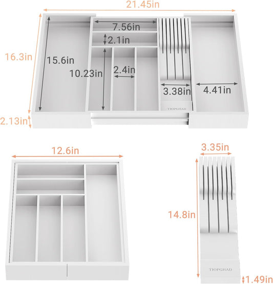 Bamboo-Silverware-Drawer-Organizer-Kitchen, Expandable Utensil Holder Cutlery Tray Flatware Organization Adjustable Wood Tableware Dividers Storage (with Removable Knife Block)(White)