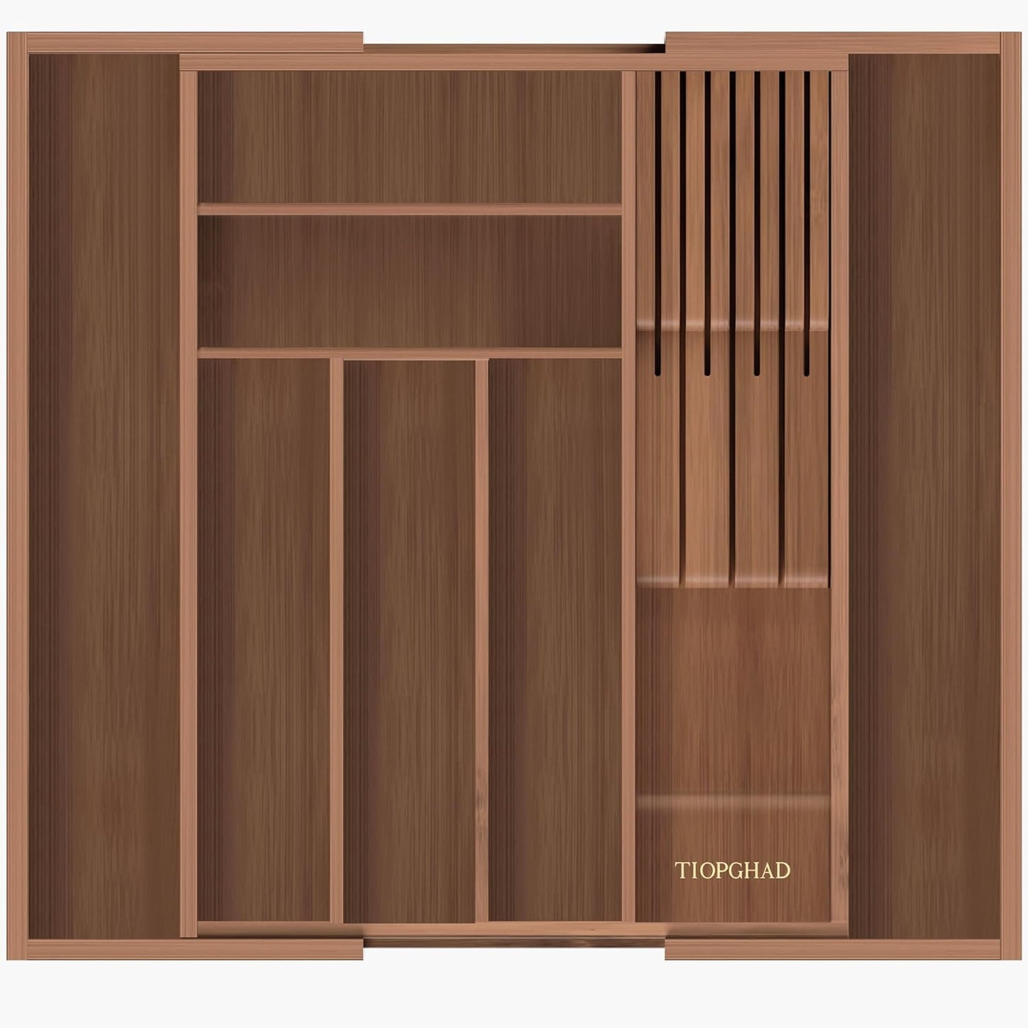 Bamboo-Silverware-Drawer-Organizer-Kitchen, Expandable Utensil Holder Cutlery Tray Flatware Organization Adjustable Wood Tableware Dividers Storage (with Removable Knife Block)(White)
