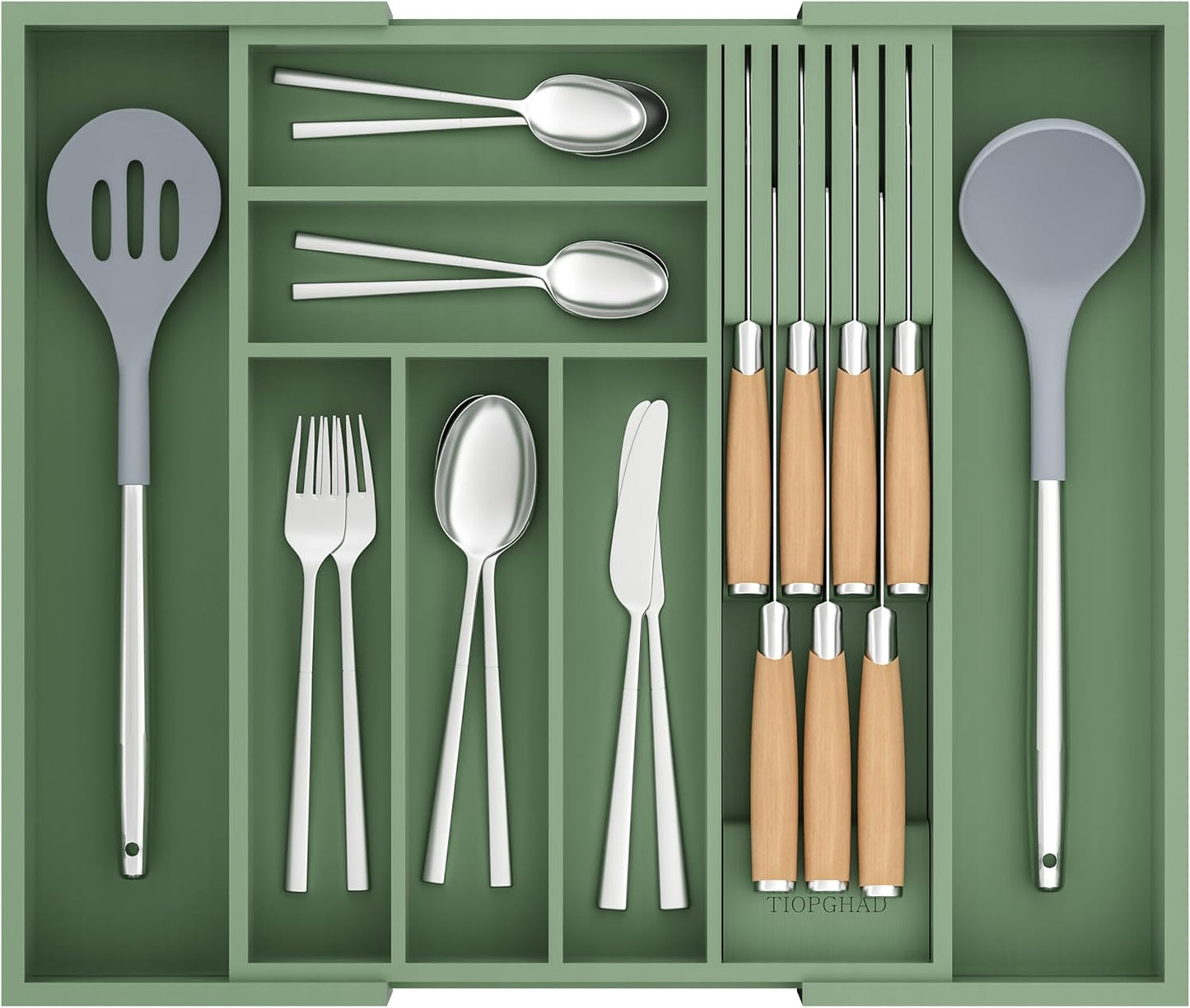 Bamboo-Silverware-Drawer-Organizer-Kitchen, Expandable Utensil Holder Cutlery Tray Flatware Organization Adjustable Wood Tableware Dividers Storage (with Removable Knife Block)(White)