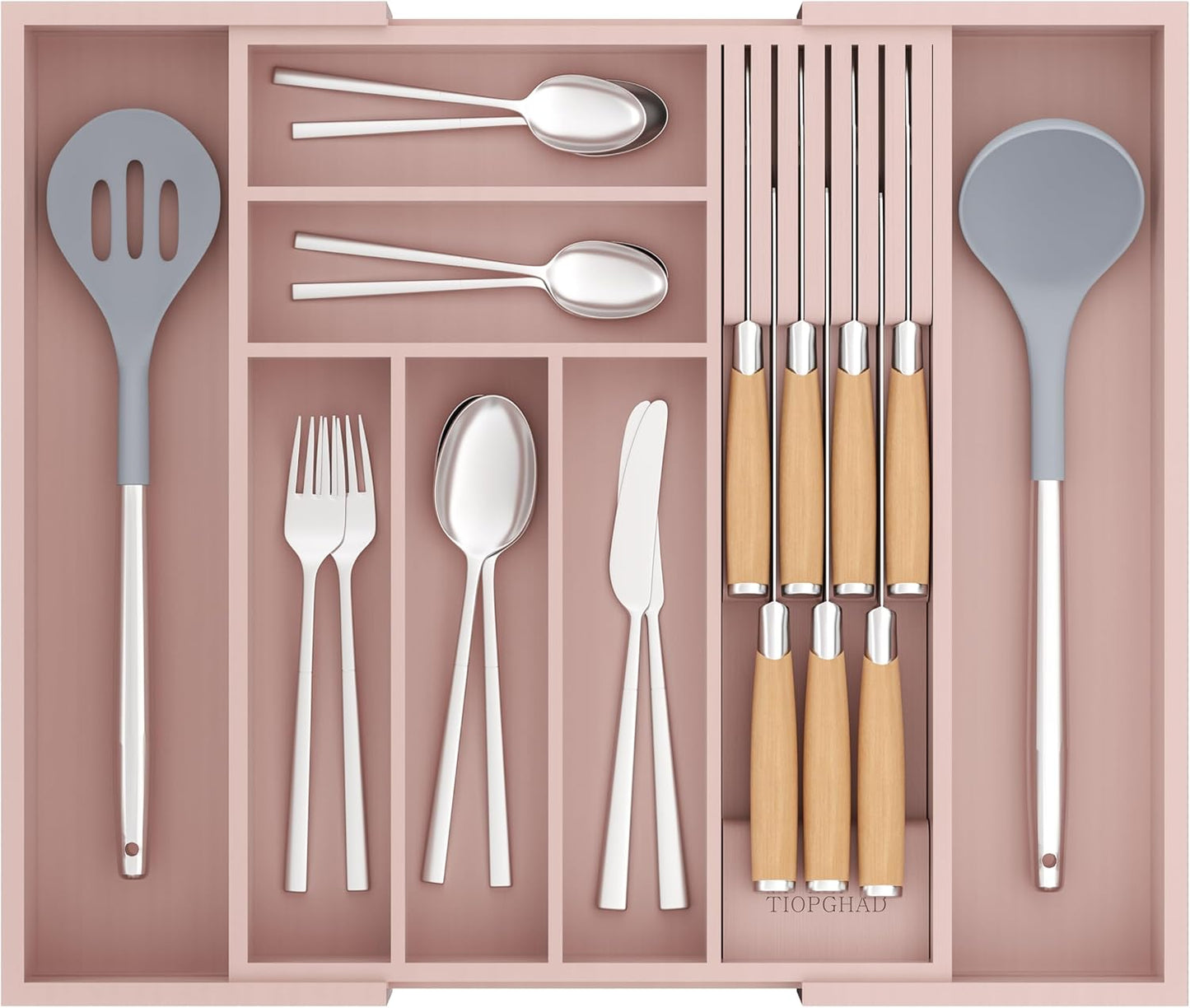 Bamboo-Silverware-Drawer-Organizer-Kitchen, Expandable Utensil Holder Cutlery Tray Flatware Organization Adjustable Wood Tableware Dividers Storage (with Removable Knife Block)(White)