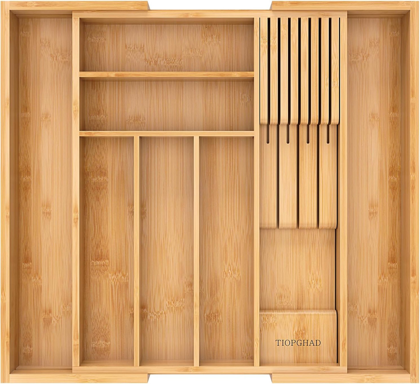 Bamboo-Silverware-Drawer-Organizer-Kitchen, Expandable Utensil Holder Cutlery Tray Flatware Organization Adjustable Wood Tableware Dividers Storage (with Removable Knife Block)(White)