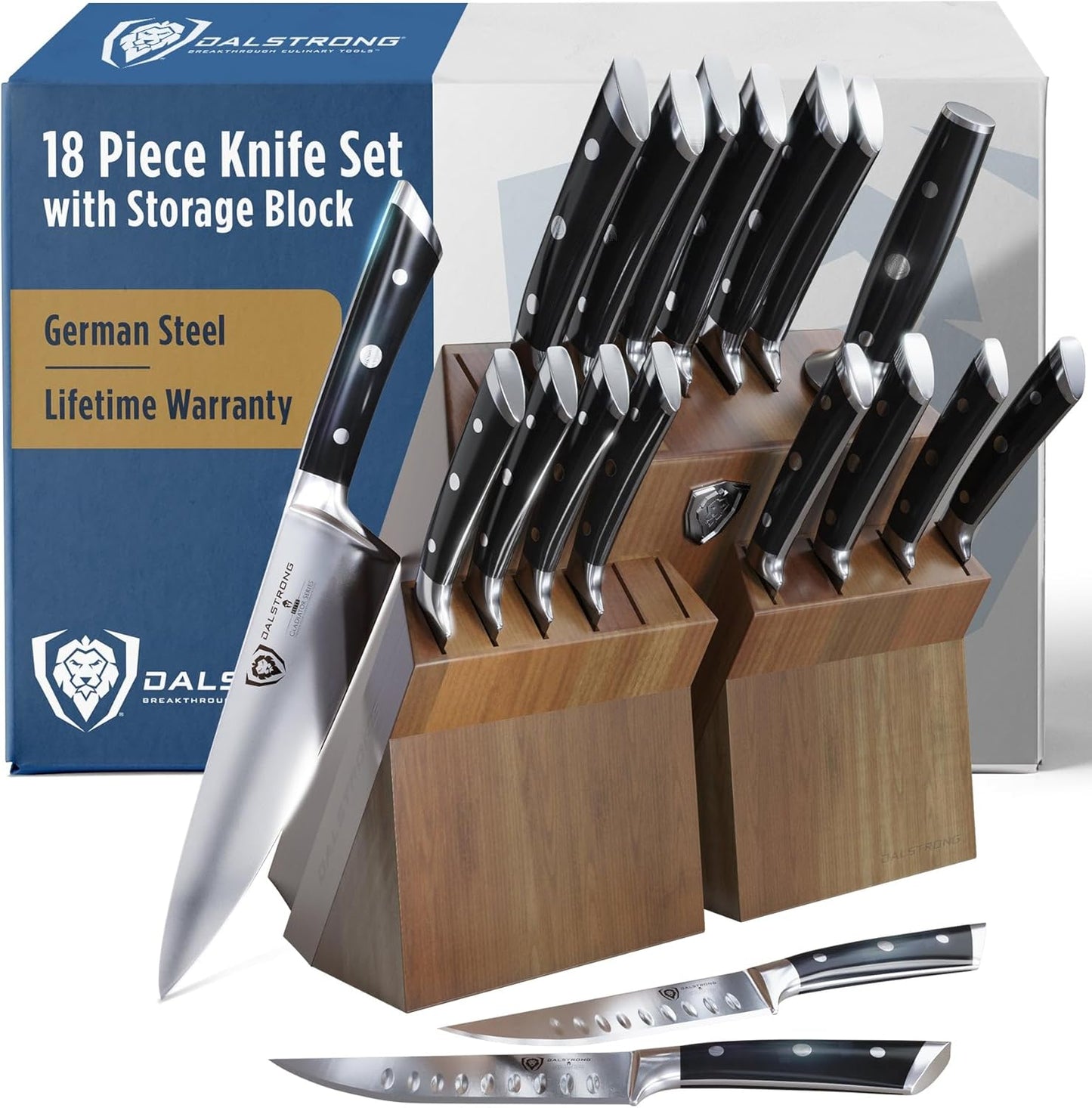 18-Piece Gladiator Colossal Knife Block Set — German High-Carbon Steel, Full-Tang, Hand-Sharpened — For Home Chefs, Wedding Registries & Serious Kitchens — Acacia Wood Block, NSF Certified