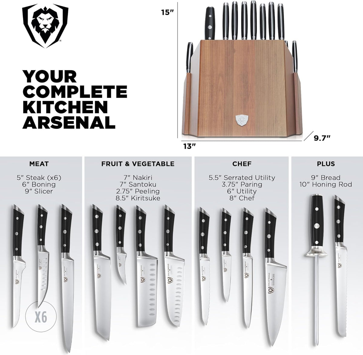18-Piece Gladiator Colossal Knife Block Set — German High-Carbon Steel, Full-Tang, Hand-Sharpened — For Home Chefs, Wedding Registries & Serious Kitchens — Acacia Wood Block, NSF Certified