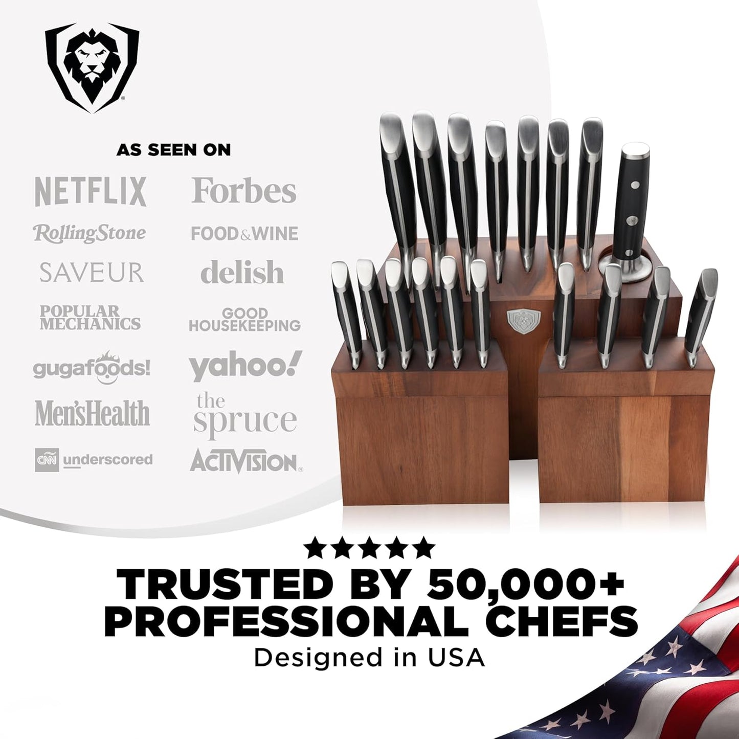 18-Piece Gladiator Colossal Knife Block Set — German High-Carbon Steel, Full-Tang, Hand-Sharpened — For Home Chefs, Wedding Registries & Serious Kitchens — Acacia Wood Block, NSF Certified