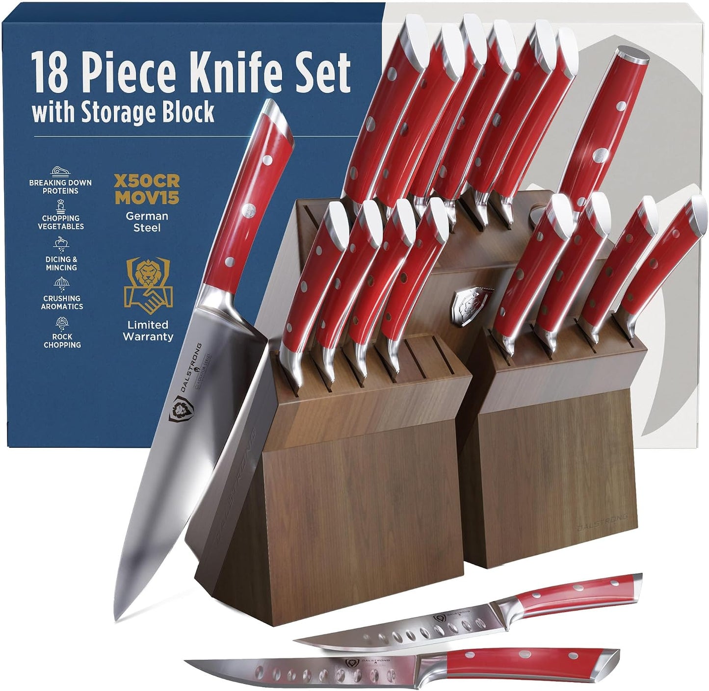 18-Piece Gladiator Colossal Knife Block Set — German High-Carbon Steel, Full-Tang, Hand-Sharpened — For Home Chefs, Wedding Registries & Serious Kitchens — Acacia Wood Block, NSF Certified