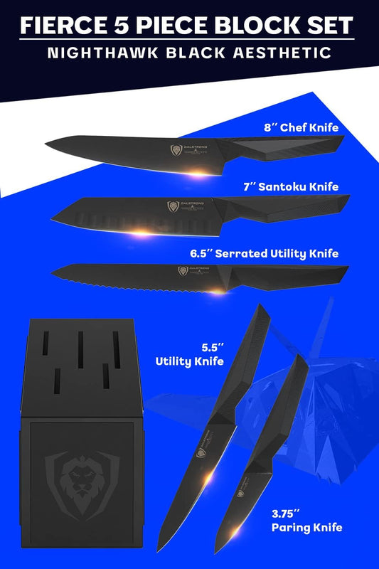 5-Piece Kitchen Knife Set Block - High Carbon German Steel Full Tang - Wood Knife Block Set - Black Handles G10 Shadow Black Series - Professional NSF Knives set for Kitchen Cuchillos