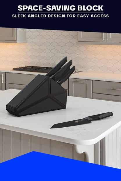 5-Piece Kitchen Knife Set Block - High Carbon German Steel Full Tang - Wood Knife Block Set - Black Handles G10 Shadow Black Series - Professional NSF Knives set for Kitchen Cuchillos