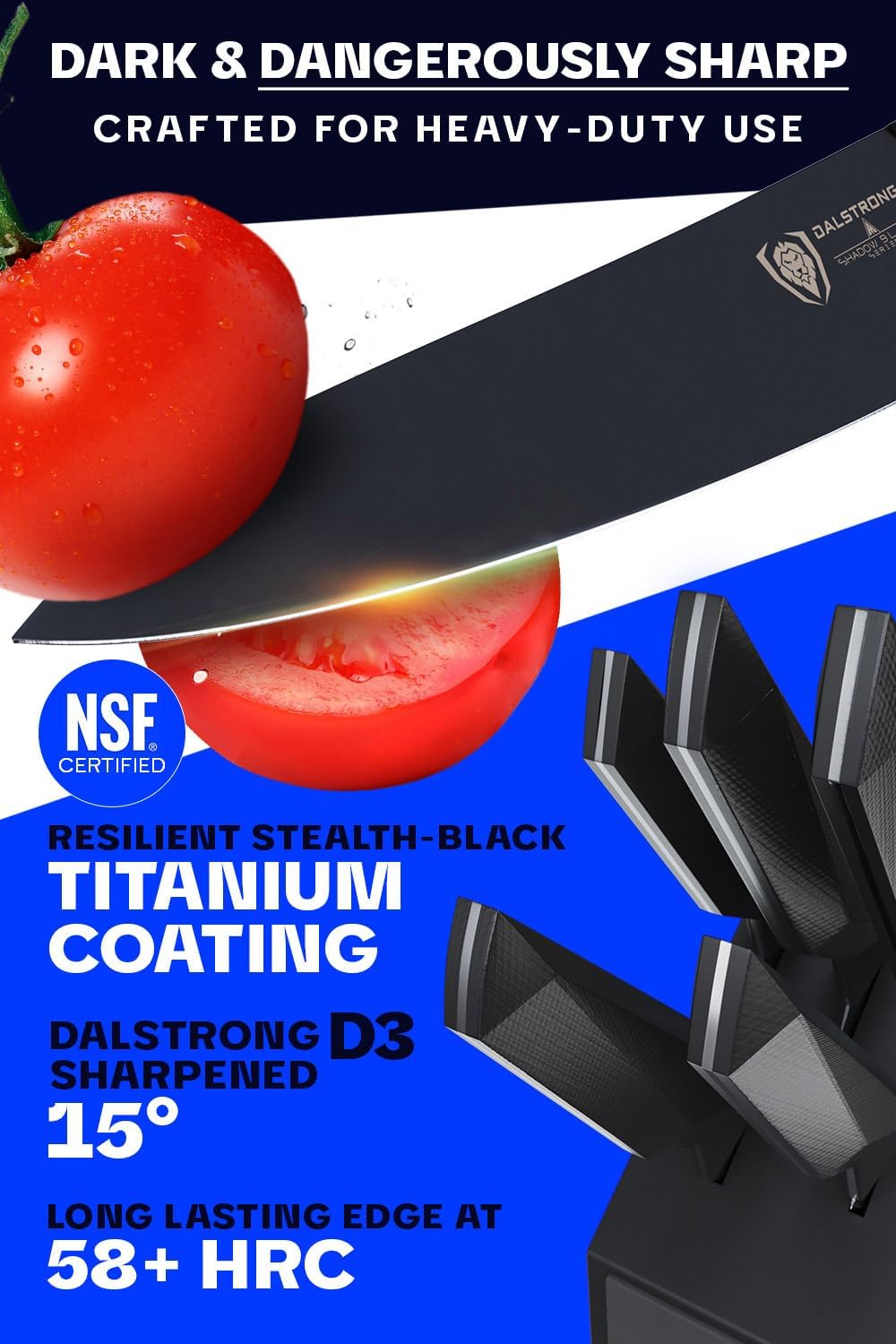 5-Piece Kitchen Knife Set Block - High Carbon German Steel Full Tang - Wood Knife Block Set - Black Handles G10 Shadow Black Series - Professional NSF Knives set for Kitchen Cuchillos