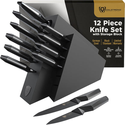 5-Piece Kitchen Knife Set Block - High Carbon German Steel Full Tang - Wood Knife Block Set - Black Handles G10 Shadow Black Series - Professional NSF Knives set for Kitchen Cuchillos