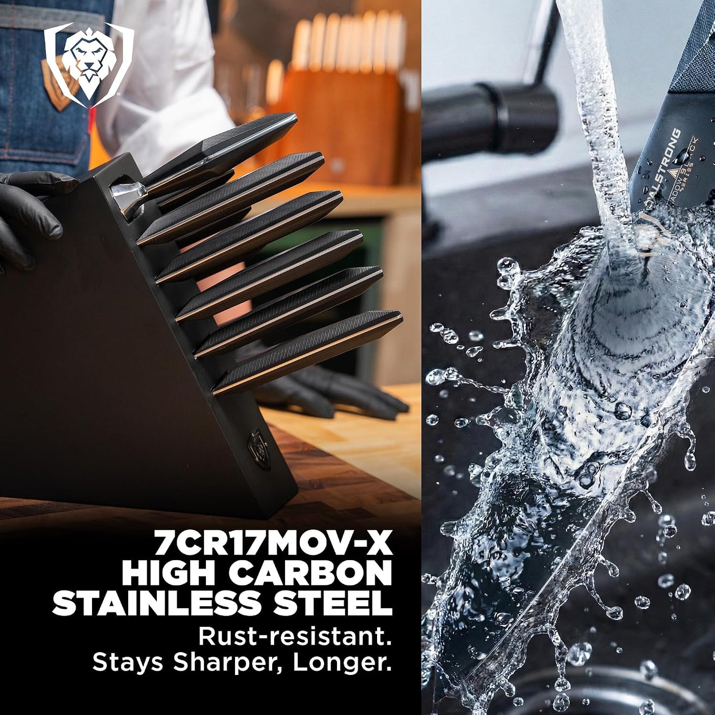 5-Piece Kitchen Knife Set Block - High Carbon German Steel Full Tang - Wood Knife Block Set - Black Handles G10 Shadow Black Series - Professional NSF Knives set for Kitchen Cuchillos