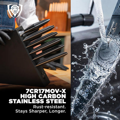 5-Piece Kitchen Knife Set Block - High Carbon German Steel Full Tang - Wood Knife Block Set - Black Handles G10 Shadow Black Series - Professional NSF Knives set for Kitchen Cuchillos
