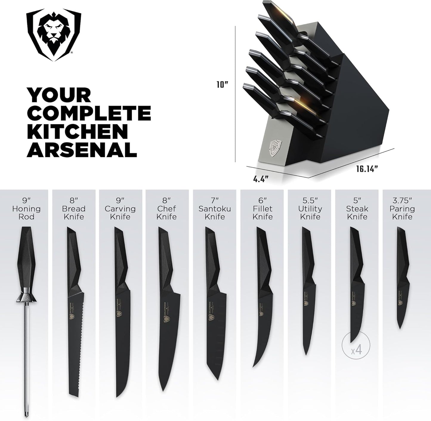 5-Piece Kitchen Knife Set Block - High Carbon German Steel Full Tang - Wood Knife Block Set - Black Handles G10 Shadow Black Series - Professional NSF Knives set for Kitchen Cuchillos