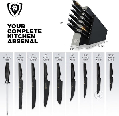 5-Piece Kitchen Knife Set Block - High Carbon German Steel Full Tang - Wood Knife Block Set - Black Handles G10 Shadow Black Series - Professional NSF Knives set for Kitchen Cuchillos