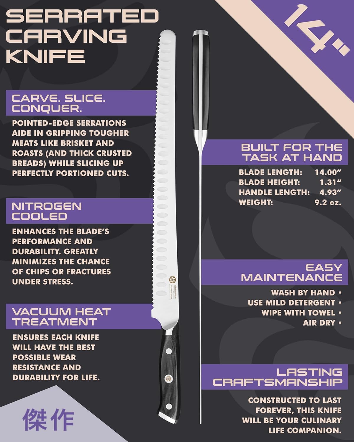 Carving Knife - 12 inch - Dynasty Series - Razor Sharp - Granton Edge - Forged ThyssenKrupp German High Carbon Stainless Steel - G10 Garolite Handle with Blade Guard
