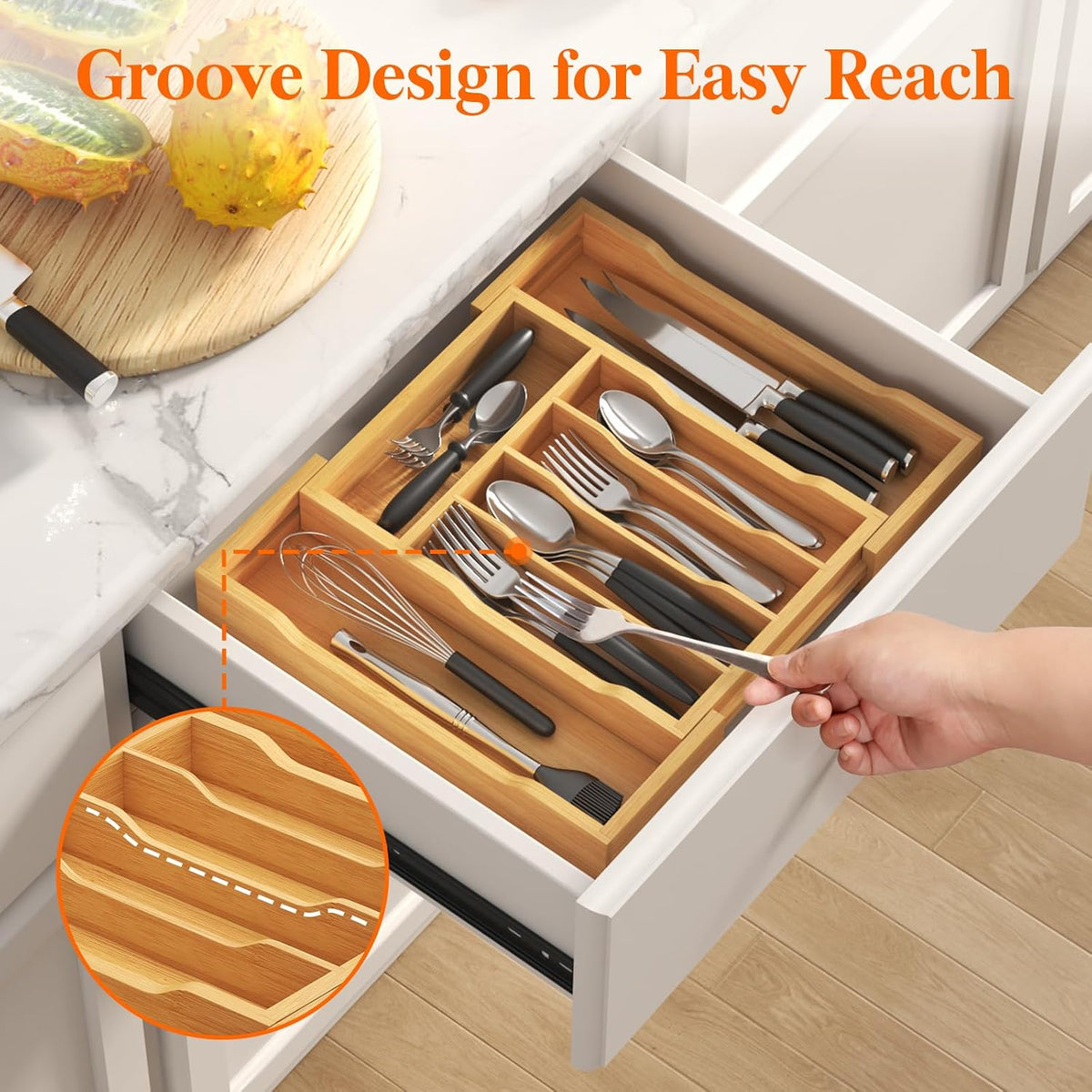 Silverware Drawer Organizer, Wooden Utensil Tray for Kitchen