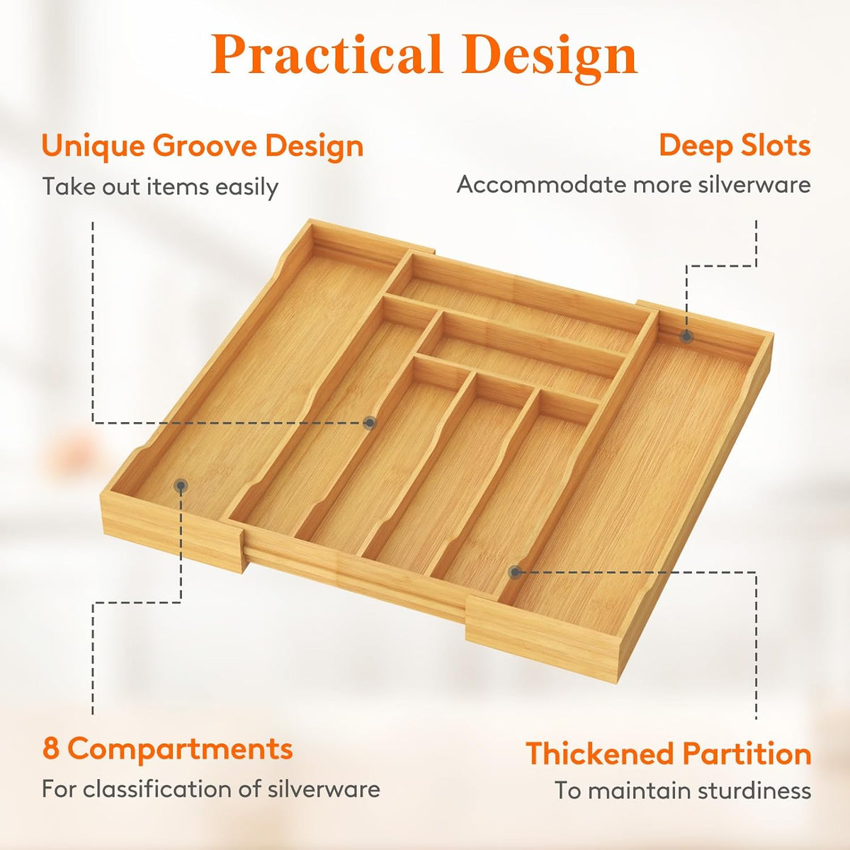 Silverware Drawer Organizer, Wooden Utensil Tray for Kitchen