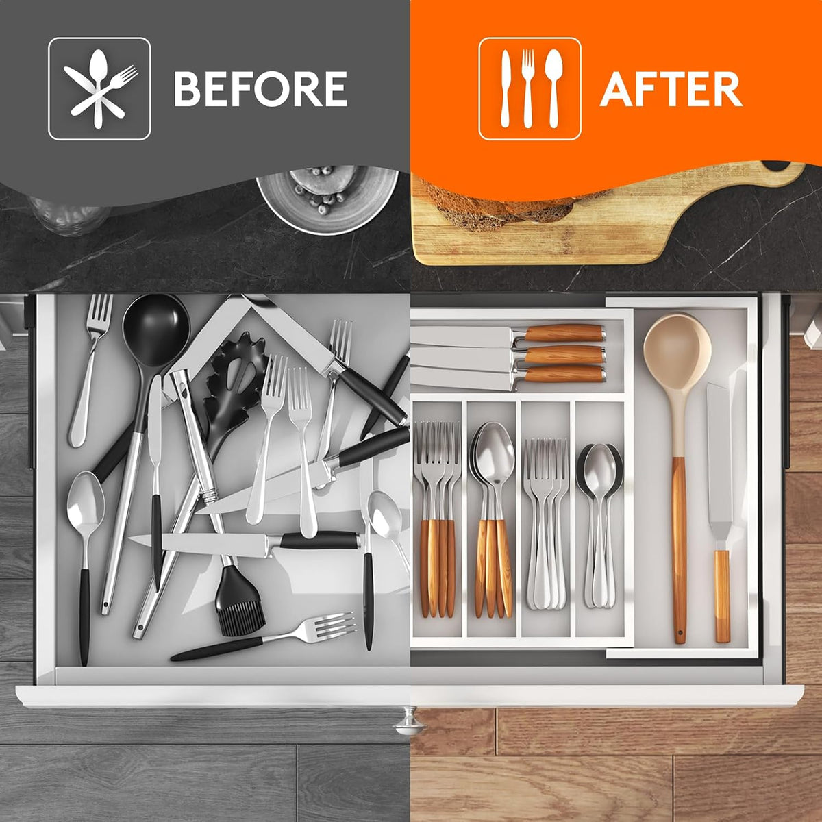 Silverware Drawer Organizer, Wooden Utensil Tray for Kitchen
