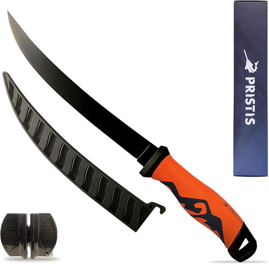 9'' Fixed-blade Fillet Knife, High Strength 5Cr13MoV Stainless-steel Blade, Professional Fish Filet Knife for Boning, Fishing Gear Tackle with Non-Slip Handle Sheath Tungsten Sharpener, Red