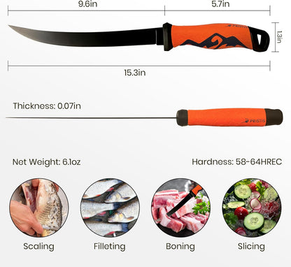 9'' Fixed-blade Fillet Knife, High Strength 5Cr13MoV Stainless-steel Blade, Professional Fish Filet Knife for Boning, Fishing Gear Tackle with Non-Slip Handle Sheath Tungsten Sharpener, Red