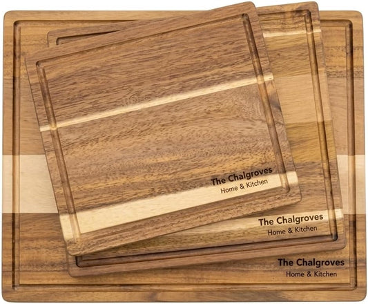 Indonesian Acacia Wood Cutting Board Set of 3 | Extra Thick 0.8″ Wooden Chopping Boards with Deep Juice Grooves | FSC Certified | Warp-Resistant & Knife-Friendly | Large, Medium & Small